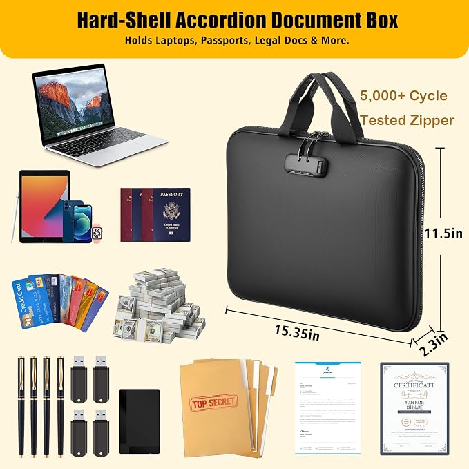 facka Fireproof Document Box with Lock, Hard-Shell Safe File Organizer | 13-Pocket Accordion Folder for Important & Legal Documents, Laptop, Passport, Cards & Valuables, Home Office Travel Black - Image 6