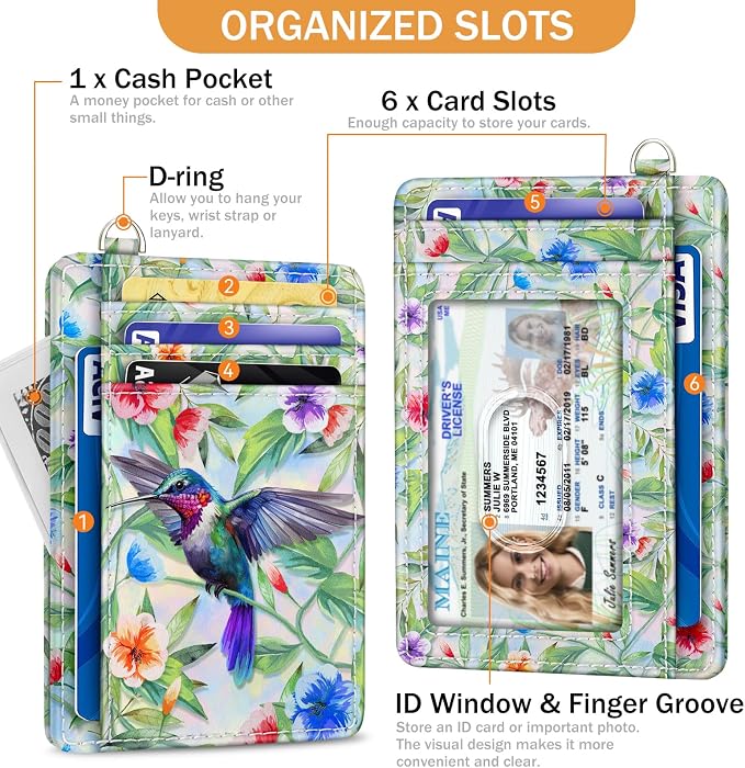Yonlevres Hummingbird Credit Card Holder Slim RFID Wallet Women Small Cute | Front Pocket, Handy, RFID Blocking, Woman Girls Ladies Gifts, D-ring for Keychain,Thin Mini Card Case, ID Window, PU Leather - Image 4