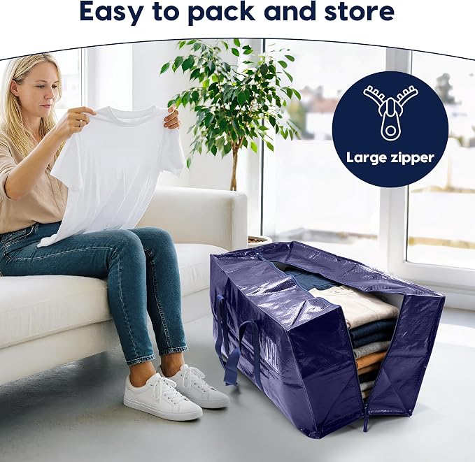 6 Pack Moving Bags Heavy Duty 210GSM with Full-Open Side Zipper, 93L 220lbs Waterproof Foldable Storage Totes for College Dorm Move-In, Moving Boxes Alternative & Home Organization, Blue - Image 3