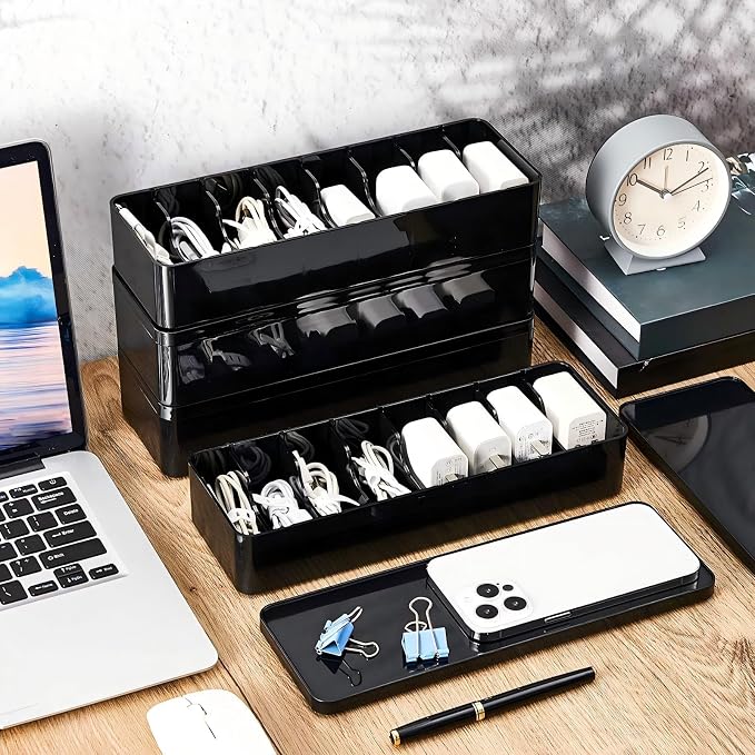Tatuo 4 Pcs Cord Organizer for Drawer Desktop, Cable Organizer Box with 8 Compartments and Wire Ties, Plastic Charger Storage with Lid, Electronics Case for Home Office Accessories (Small,Black) - Image 6