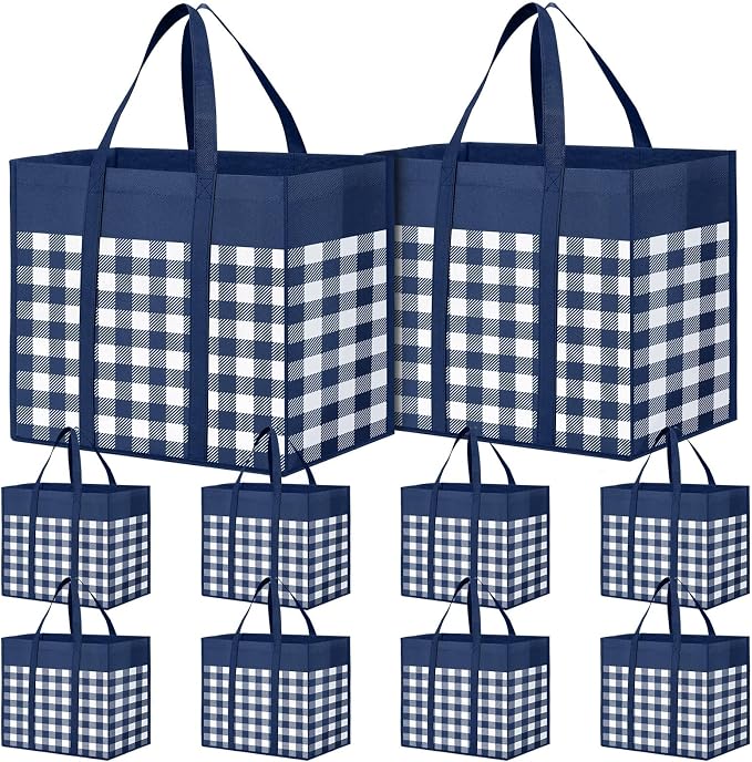 WOWBOX Reusable Grocery Bags,10-Pack, Foldable Reusable Shopping Tote Bags bulk with Reinforced Handles,Large Storage Bags with Water Resistant Coating for Groceries,Multipurpose,Blue-White by WOWBOX