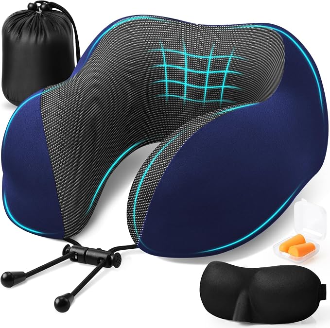 ExploreBliss Travel Pillow, Memory Foam Neck Pillow Airplane, Blue | Travel Pillows for Airplanes, Neck Pillow Airplane, Memory Foam Neck Pillow Set with Eye Mask, Earplugs by ExploreBliss
