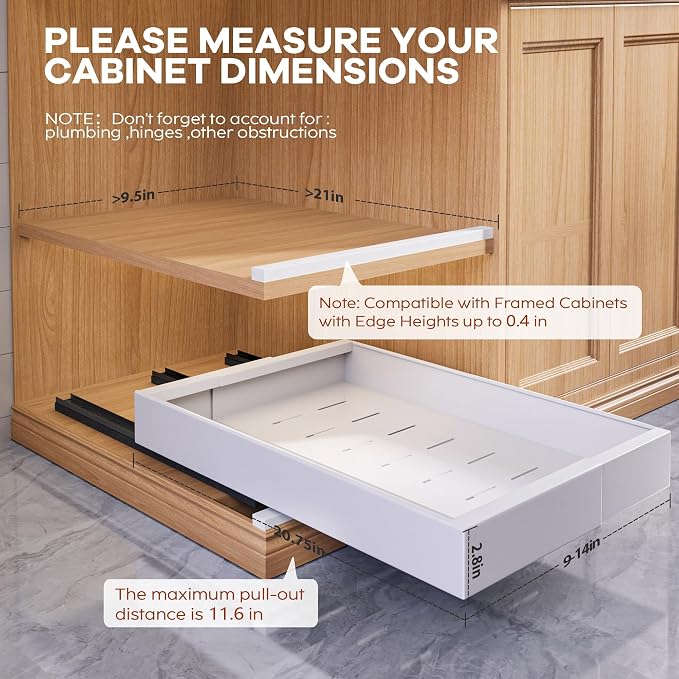 Seinloes 4 Pack Expandable Pull Out Cabinet Organizer 21" Deep with Raising Pad for Framed Cabinets,Upgrade 3 Slide Rails Slide Out Drawers,Roll Out Shelves Adhesive,Adjustable Width 9"-14.1" White - Image 4