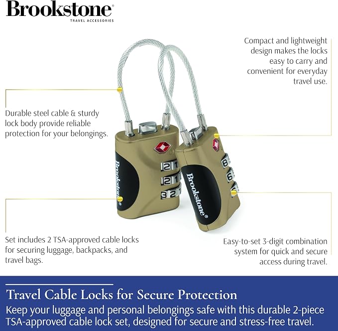 Brookstone Cable Luggage Locks, 2 Pack, TSA Approved, Resettable | 3-Digit Combination Lets You Set Your Own Code, Slim Design Threads Through Zippers or Straps, Great for Bags - Image 2