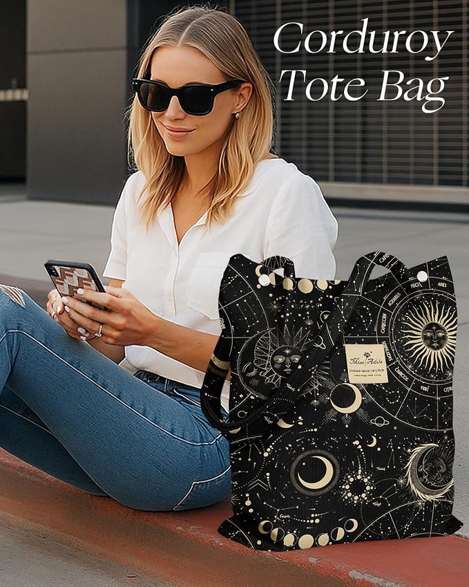 Miss Adola Corduroy Tote Bag for Women with Aesthetic Design | Magnetic Buckle & Pocket, Reusable, Soft, Roomy, Long Shoulder Handles, Double-sided Print, Casual Daily Work, Grocery Bags - Image 6