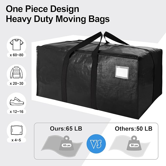 VELVETSURE Heavy Duty Extra Large Moving Bags W/Backpack Straps - Strong Handles & Zippers, Storage Totes For Space Saving, Fold Flat, Alternative to Moving Box and Storage Bin (Set of 6, Black) - Image 5