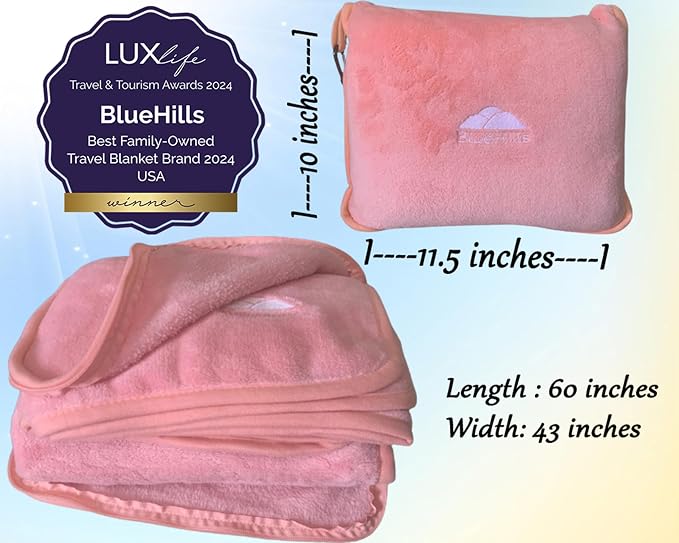 BlueHills Premium Soft Travel Blanket Pillow Airplane 2 in 1 - Light Pink | Large Travel Size Blanket Throw in Compact Case, Long Flight Essentials, Lightweight & Portable, Carry on Airplane Comfort - Image 4