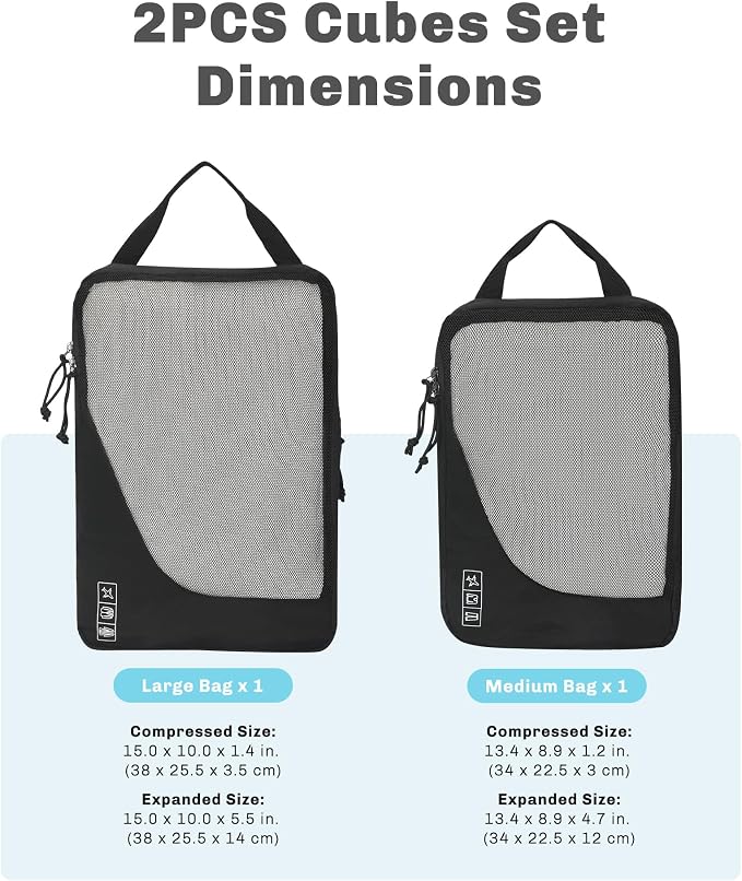 6 Set/ 4 Set/ 2 Set Compression Packing Cubes Travel Essentials Lightweight Nylon Luggage Suitcase Organizer Bag Black 2PCS - Image 2