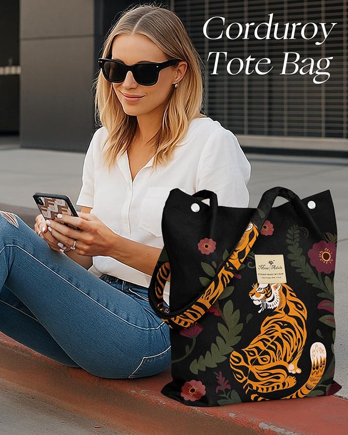 Miss Adola Corduroy Tote Bag for Women with Aesthetic Design | Magnetic Buckle & Pocket, Reusable, Soft, Roomy, Long Shoulder Handles, Double-sided Print, Casual Daily Work, Grocery Bags - Image 6