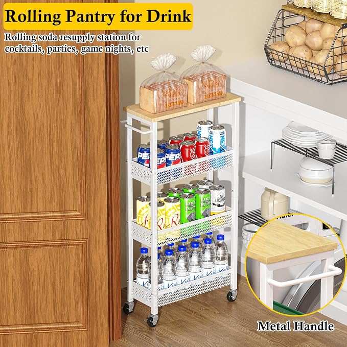 OKZEST Slim Laundry Room Organization Cart with Upgraded Metal Hub Casters | Fits between washer & dryer, 4-Tier space-saving narrow rolling cart, Premium wood top & metal mesh shelf, with handle & hook - Image 8