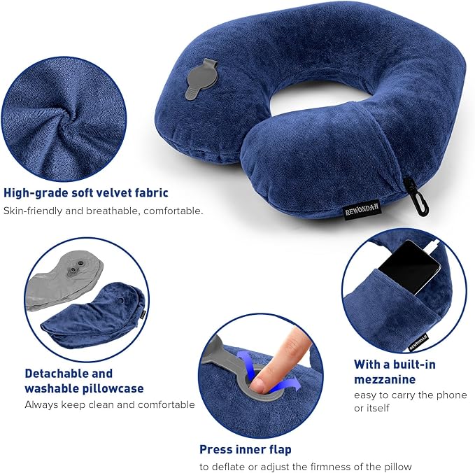 Rewondah Neck Pillows for Travel, Inflatable Travel Pillow, Inflatable Neck Pillow for Traveling Airplane with Soft Velour Washable Cover, U Shape Blow Up Neck Pillow for Airplanes Train Car Travel - Image 3
