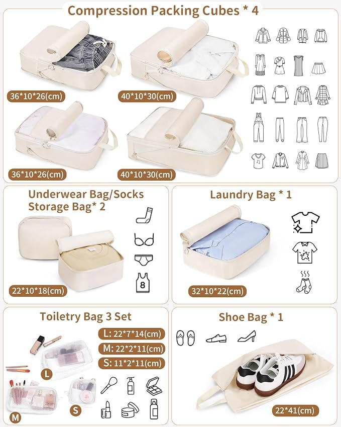 11pc Compression Packing Cubes for Travel, Expandable Suitcase Organizer Bags Set for Carry on Luggage, Essential Travel Accessories for Clothes, Beige - Image 2