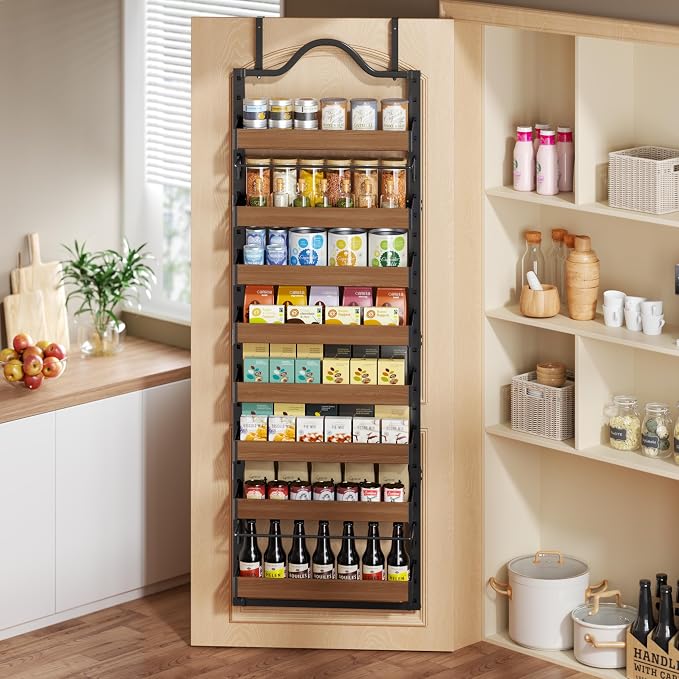 8-Tier Pantry Door Organizer, Over the Door Pantry Organizer with Wooden Adjustable Baskets, 2 IN 1 Spice Rack Wall Mount or Door Organizer, Door Spice Rack for Pantry（72.6×17.1×5.1in,Black) - Image 6