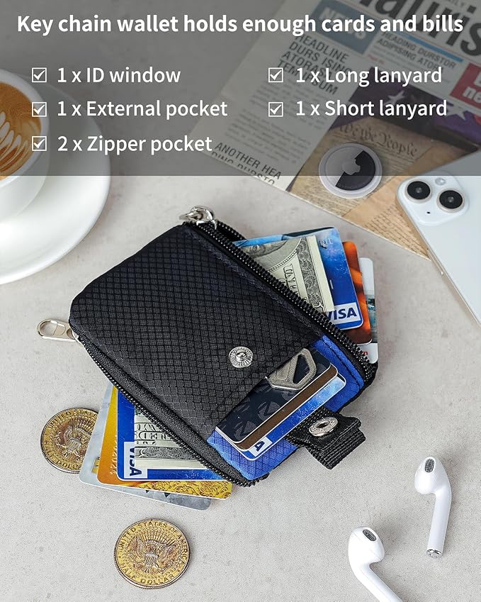Artpaxy Minimalist Wallet For Mens Womens, Keychain RFID Blocking Zipper Small Wallet with ID Window 2 Lanyards,Water Resistant Travel Cash Card Coin Case Boys Girls - Image 6