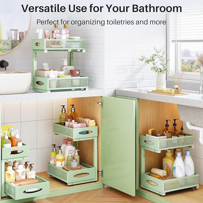 Under Sink Organizer, 2 Tier Pull out Cabinet Organizer Baskets with Mesh Sliding Drawers, Slide out Storage Shelf for Home, Kitchen, Bathroom, Pantry, Office Cabinet(1 Pack, Green) - Image 9
