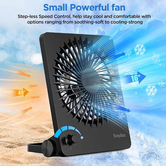 EasyAcc Portable Travel Fan with 10000 Capacity Built-in Battery, up to 59H Runtime, Ultra-Thin Quiet Rechargeable Desk Fan with Stepless Speed Control for Cruise, Office and Home - Image 2
