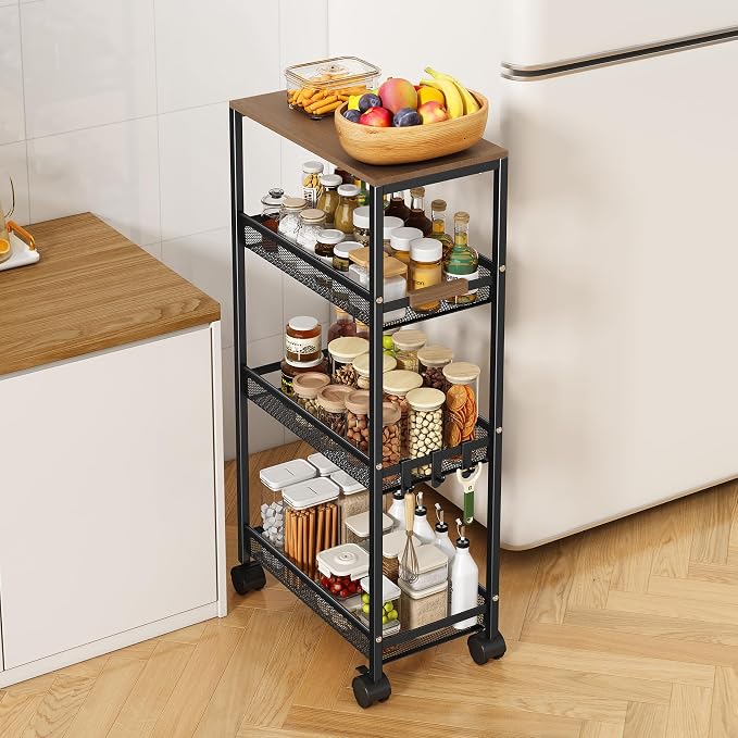 4-Tier Slim Utility Rolling Laundry Cart with Wheels, Easy to Assemble | 9.1" Wide for Narrow Spaces, Wood Top with Metal Frame, Mobile Storage Shelves for Bathroom, Kitchen, Office by TIPGO
