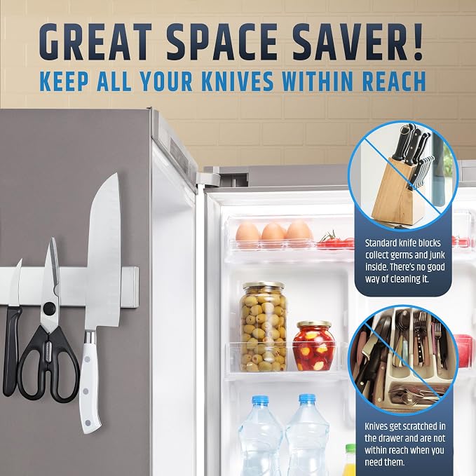 12" Premium Magnetic Knife Holder for Refrigerator (Double-Sided Heavy-Duty Magnets) - Upgraded Strip for Strong Fridge Mount - Clear Up Counter Space - 304 Anti-Rust Stainless Steel (Upgraded Design) - Image 7