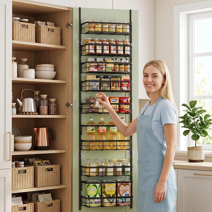 Over The Door Pantry Organizer, 8 Tier Adjustable Pantry Door Organization and Storage, Door Mounted Spice Organizer with Hooks for Pantry Kitchen Essentials, Black - Image 8