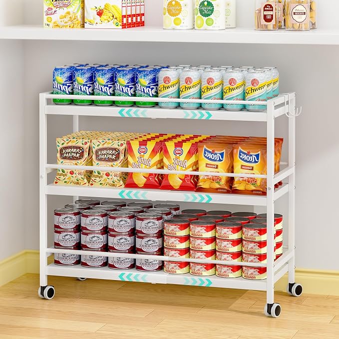 3-Tier Expandable Rolling Pantry Organizers and Storage Cart with Wheels, Adjustable Pantry Floor Organizer, Snack Cart for Pantry, Kitchen Storage Cart with 4 Hooks for Snack, Food, Vegetables, White by 3IngSeagulls