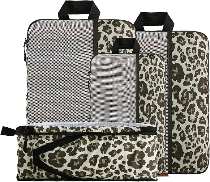 U+U 4 Set Compression Packing Cubes, Travel Organizers (Leopard) | Space-Saving & Lightweight Travel by UU