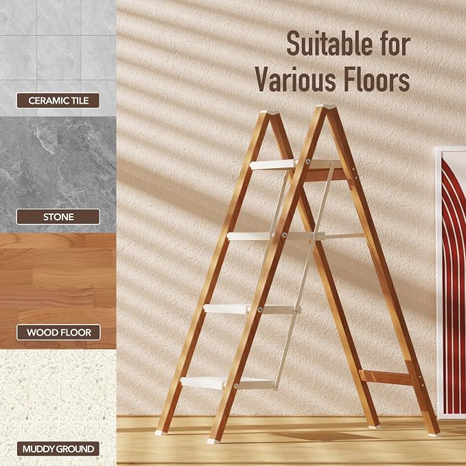 Mayi Plus 4 Step Stool Foldable, Aluminum, Lightweight Step Ladder | Extra-wide anti-slip folding steps with 330 lbs, for home,kitchen,office,outdoor,White & Woodgrain. - Image 5