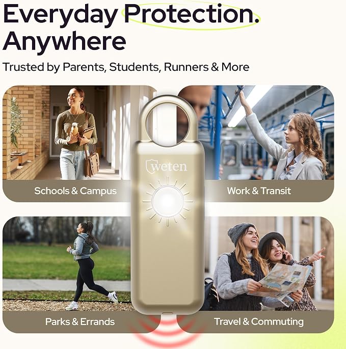 Personal Safety Alarm Keychain for Women, 130dB, LED Light, Gold Satin | USB-C Rechargeable, Bottom Speaker Siren, Wristlet and Carabiner Clip, Weatherproof, Low Battery Alert - Image 6
