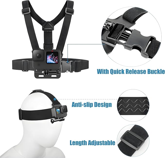 Accessories Kit for Action Camera, Chest & Head Strap Mount, 360° Rotating Wrist Strap Mount, Backpack Clip, Suction Cup Mount, Floating Handle Grip and Various Adjustable Camera Accessories - Image 2