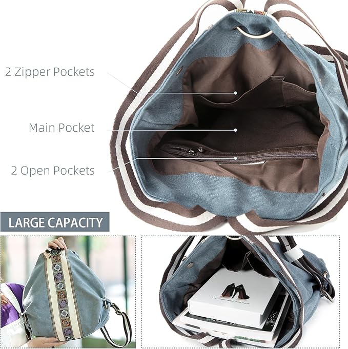 Goodhan Women Canvas Backpack Daypack Casual Shoulder Bag, Vintage Heavy-duty Anti-theft Travel Backpack (Blue Grey) - Image 5