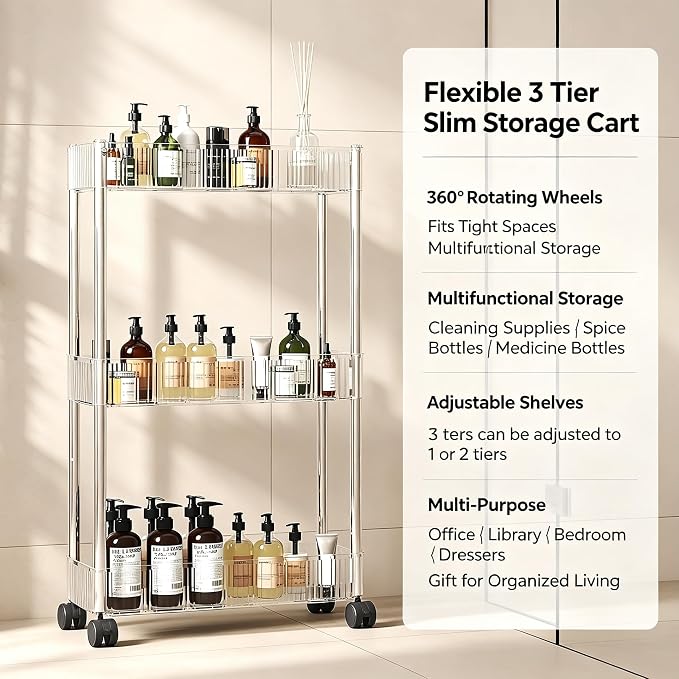 Sooyee Slim Clear 3-Tier Plastic Rolling Utility Cart with Wheels | Multi-Functional Storage Trolley, For Office, Living Room, Kitchen, Movable Storage Organizer - Image 2