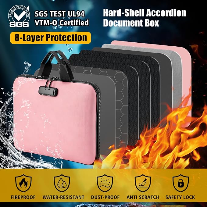 facka Fireproof Document Box with Lock, Hard-Shell Safe File Organizer | 13-Pocket Accordion Folder for Important & Legal Documents, Laptop, Passport, Cards & Valuables, Home Office Travel Pink - Image 2