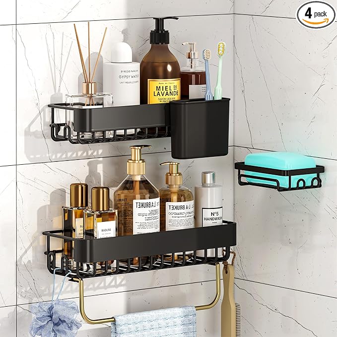 KINGRACK Shower Caddy Adhesive 4-Piece Rust-Resistant Shower Shelves, No-Drill Bathroom Shower Organizer with Large Capacity for Bathroom, Kitchen, and Laundry,Black by KINGRACK