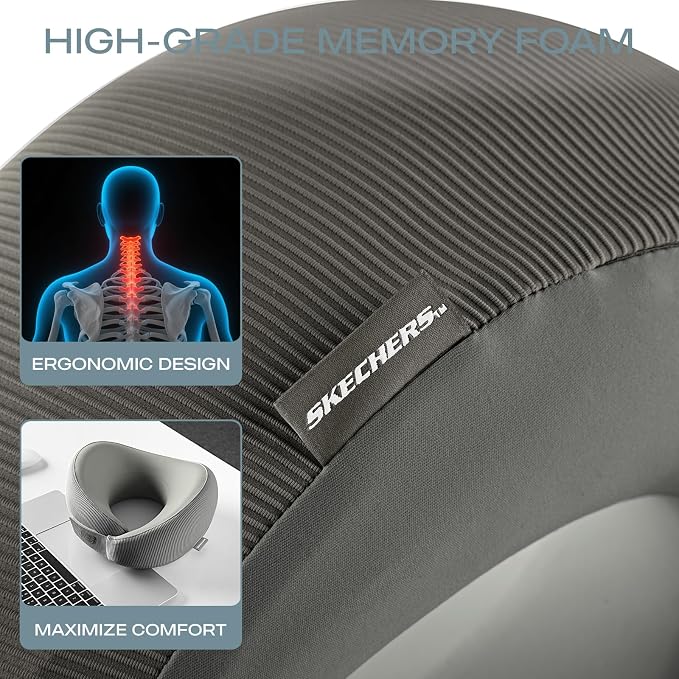 Skechers Men's Memory Foam Neck Pillow, Comfortable & Breathable Travel Pillow,Neck Pillow Airplane for Travel, Car Rides, Home, and Office Use, Ergonomic Design for Men and Women,Grey - Image 8