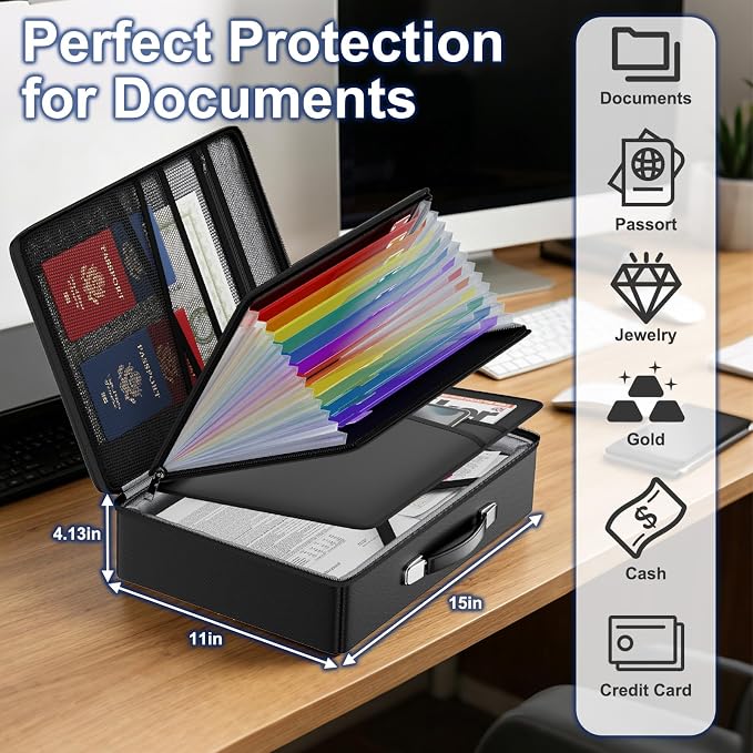 JHSafer Fireproof Document Box with Lock, Hard Shell, Black | File Box with Waterproof Zipper, Important Document Organizer with Handle, Portable Safe for Home, Office, Travel,Laptop - Image 6