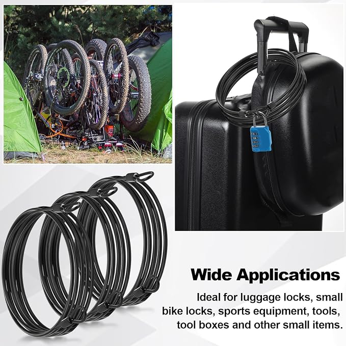 12 Pack Security Cable Luggage Lock with Loops 7 ft 3mm Braided Steel Coated Bike Cable Wire Double Loop Anti Theft Safety for U Lock, Padlock and Disc(Black) - Image 5