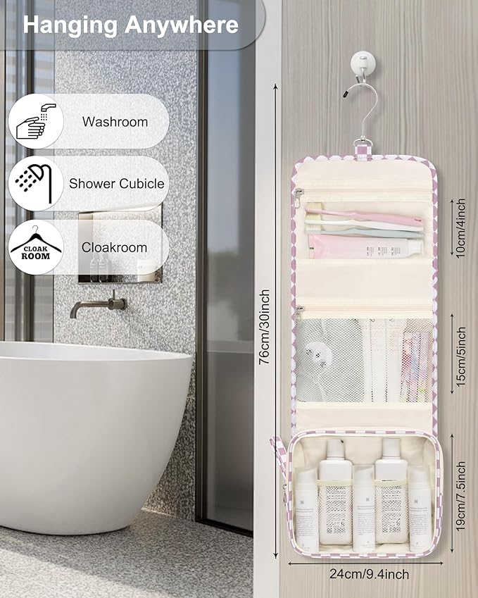 Relavel Small Hanging Toiletry Bag for Women, Portable Hanging Organizer | for Travel-Sized Dopp Kit, Makeup Accessories, Waterproof Toiletries Organizer with 3 Compartments for Outdoor - Plaid Purple - Image 4