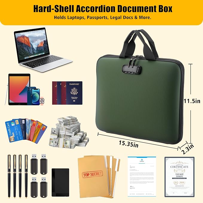 facka Fireproof Document Box with Lock, Hard-Shell Safe File Organizer | 13-Pocket Accordion Folder for Important & Legal Documents, Laptop, Passport, Cards & Valuables, Home Office Travel Green - Image 2