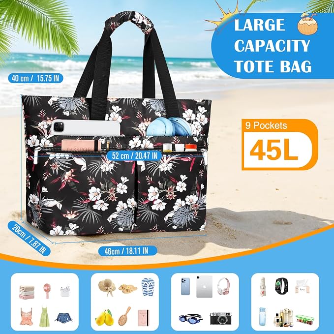 HUANLANG Large Beach Bags for Women Pool Bag with Zipper, Waterproof Sandproof Beach Tote Travel Bag with Wet Pocket - Image 8
