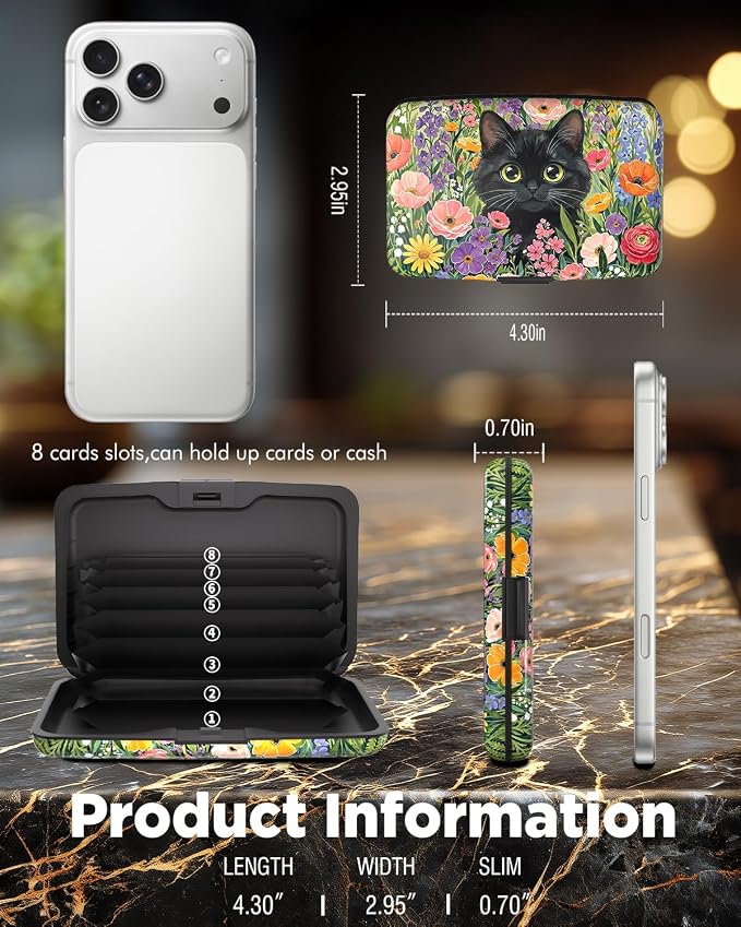 Maicican RFID Blocking Aluminum Credit Card Holder | Slim Metal Wallet for Women & Men, Business Card Case for Travel, Fits Front Pocket, Card holder wallet - Flower Cat - Image 6