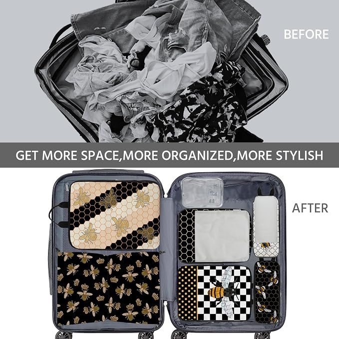 7 Pcs Compression Packing Cubes for Travel, Waterproof Suitcase Luggage Backpack Organizer with Toiletry Bag Travel Essentials for Women/Men-Bees - Image 8