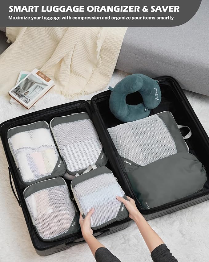 Gonex Compression Packing Cubes for Travel, Mesh Bags Luggage Organizers | Set of 4/5/6/7/10 for Essentials, Extensible, Fits 20"Carry-on Suitcases, See-through Mesh, Double Zipper Compression - Image 9