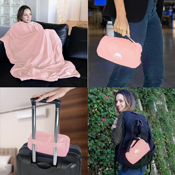 BlueHills Ultra Compact 2 Pack Travel Blanket Pillows Airplane Large - Pink | Travel Blanket Pillows for 2, 70X56 Large Size Flight Throw, Compact Case, Lightweight & Portable, Carry on Airplane Comfort - Image 3