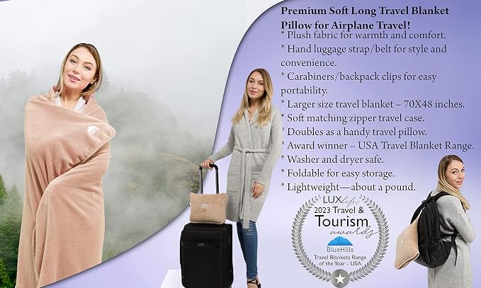 BlueHills Soft Long Travel Blankets 70X48 inches Large Value Pack of 2 Premium Airplane Travel Essential Flight Blanket Throw in a Bag Compact Plane Travel Gift Beige and Black - Image 2