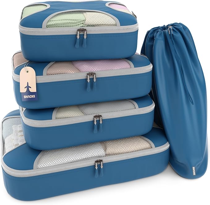 Shacke 5 Set Packing Cubes for Travel with Laundry Bag (Navy Blue) | Suitcase Organizer Bags Set: 4 Water-Resistant Luggage Cubes, XL to Small, + Laundry Bag for Carry-On or Checked by Shacke