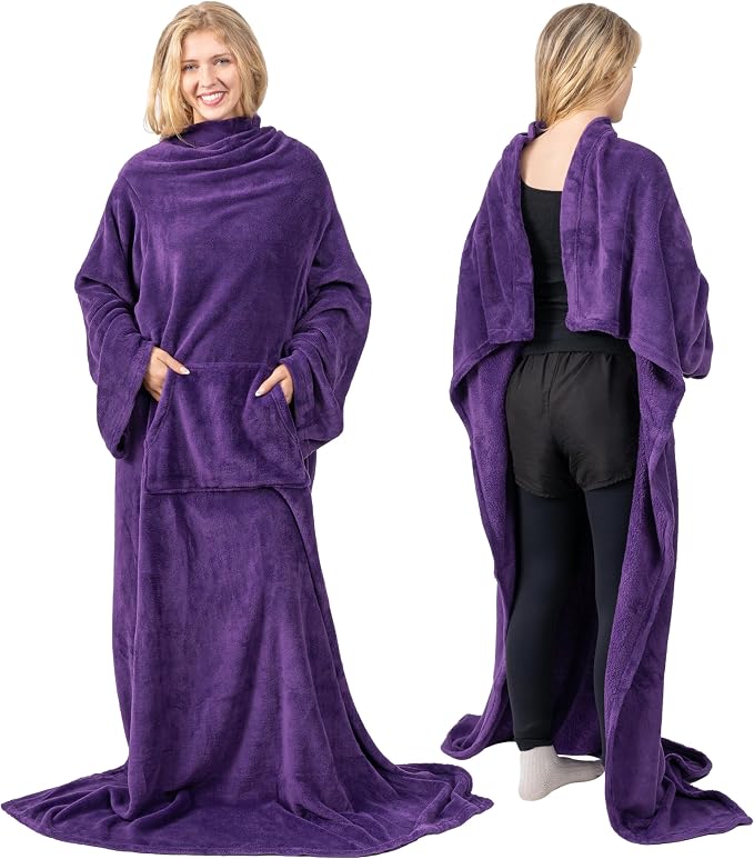 PAVILIA Blanket with Sleeves for Adult Women Men, Soft Warm Wearable Blanket Fleece Wrap Throw, Robe Blanket Gift by PAVILIA