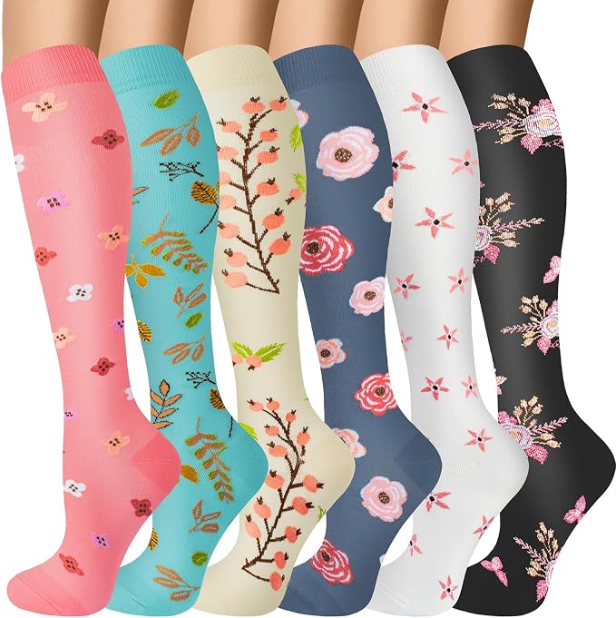 Compression Socks for Women & Men 6 Pairs | 20-30 mmHg Breathable & Moisture-Wicking Comfortable & Skin-Friendly Knee High Support Socks for Nurse, Travel, Pregnancy by OUIVIAL