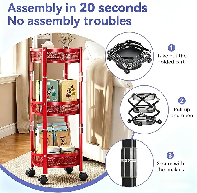 3-Tier Foldable Rolling Cart, Collapsible Metal Utility Cart with Wheels, Assembly-Free, Round Storage Organizer Trolley for Kitchen, Bathroom, Dorm, Nursery-Red - Image 8