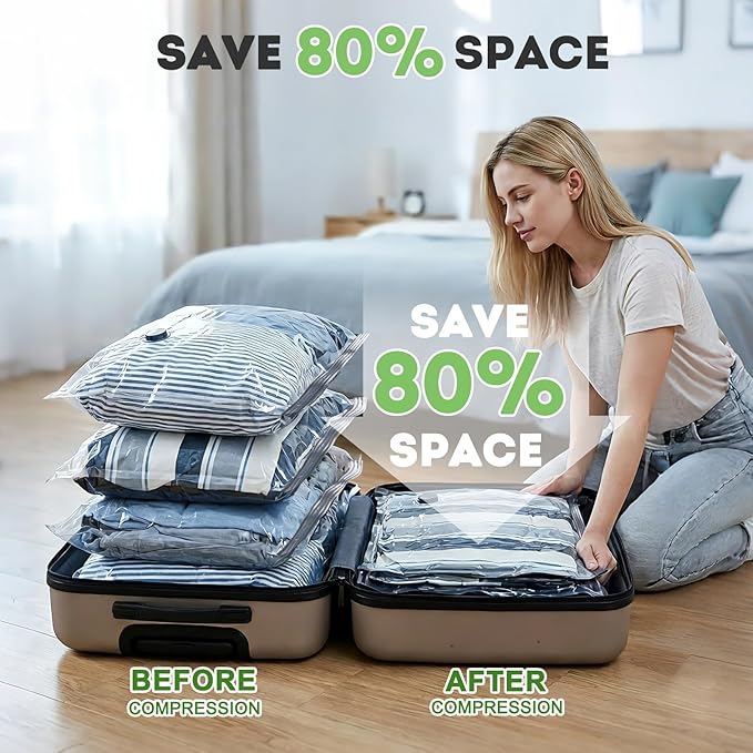15 Pack Vacuum Seal Bags for Clothing Travel with -60000Pa USB Pump, Save 80% of Space for Clothes (15 Combo Size) - Image 4
