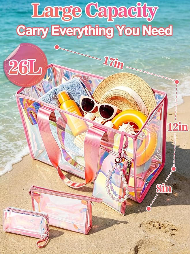 Cosweet Iridescent Beach Tote Bag with 3 Small Pouch for Women | 26L Waterproof Clear Jelly Bag, Tip-Proof Foldable, Small Pouch for Phone Makeup, for Pool Cruise Travel Gifts - Image 4