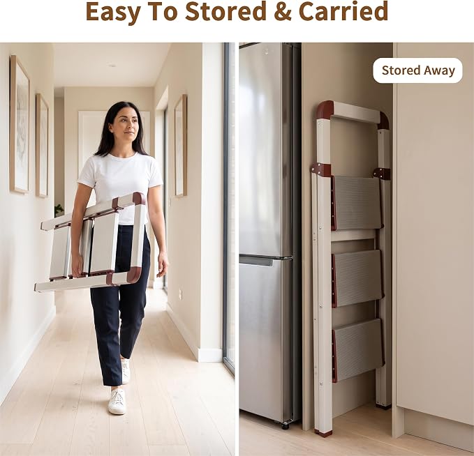 Step Ladder 3-Step White Finish Aluminum Iron Folding Ladders | Anti-slip Sturdy Foldable Ladder Step Stool for Kitchen Home Office Libaray - Image 7